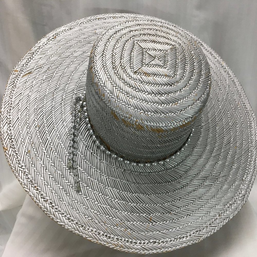 Silver Straw Sun Hat with Silver Beads Embellishments